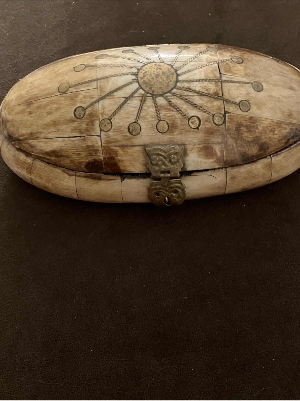 Oval Carved Wooden Trinket Box in Natural Brown and Cream